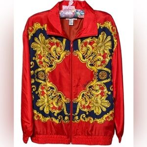 VINTAGE Oleg Cassini Womens Med 100% Silk Jacket Red Blue Crest Shoulder Pads.